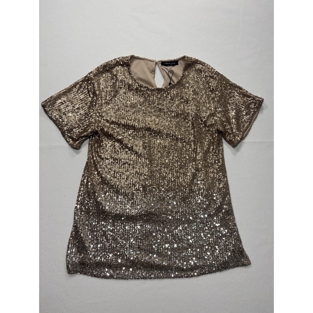 Cable & Gauge Blouse Womens Small Gold‎ Sequin Short Sleeve Party Cocktail Top